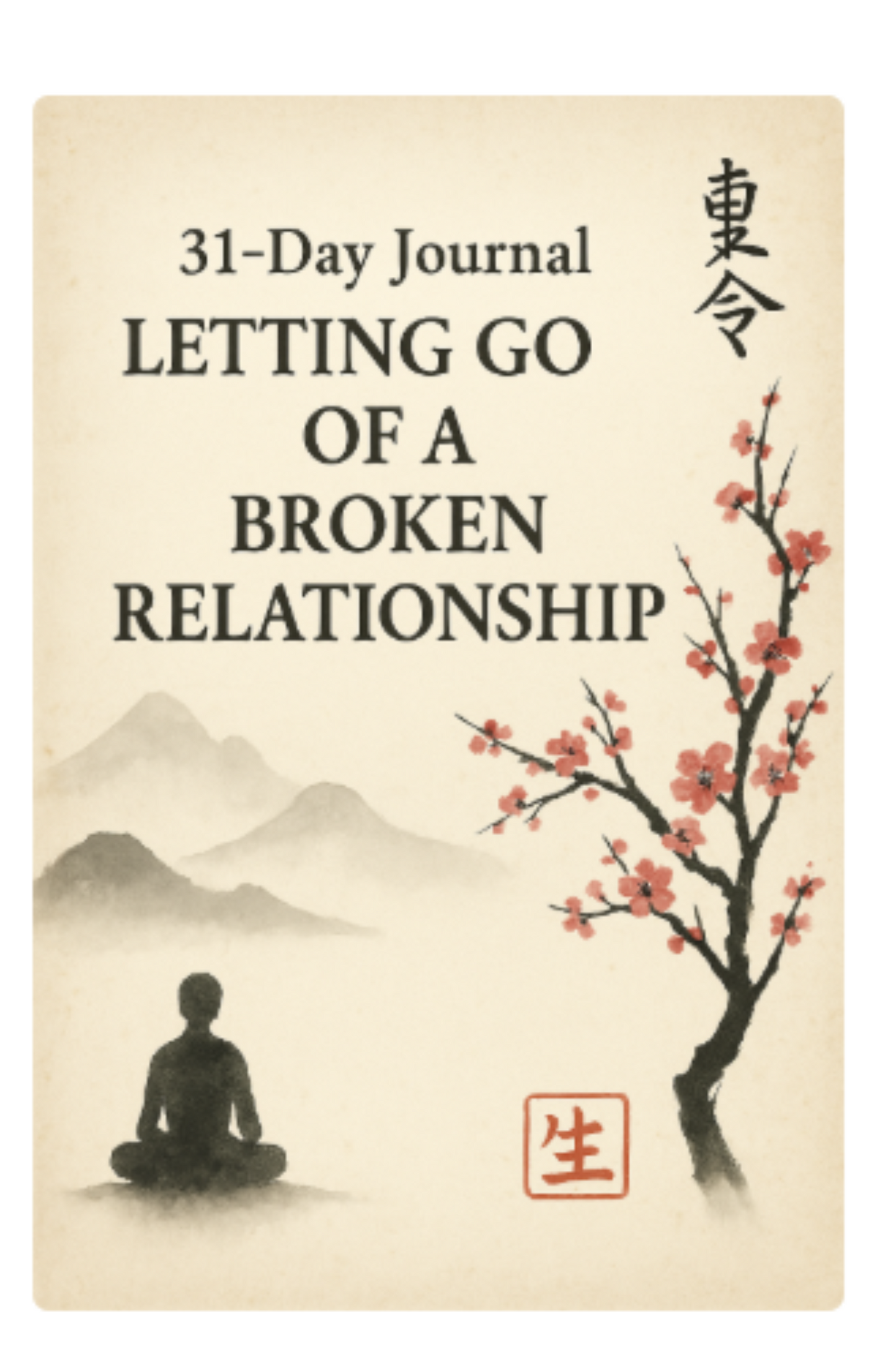 Journal cover with a silhouette of a person meditating, a tree with flowers, and mountains on a beige background.