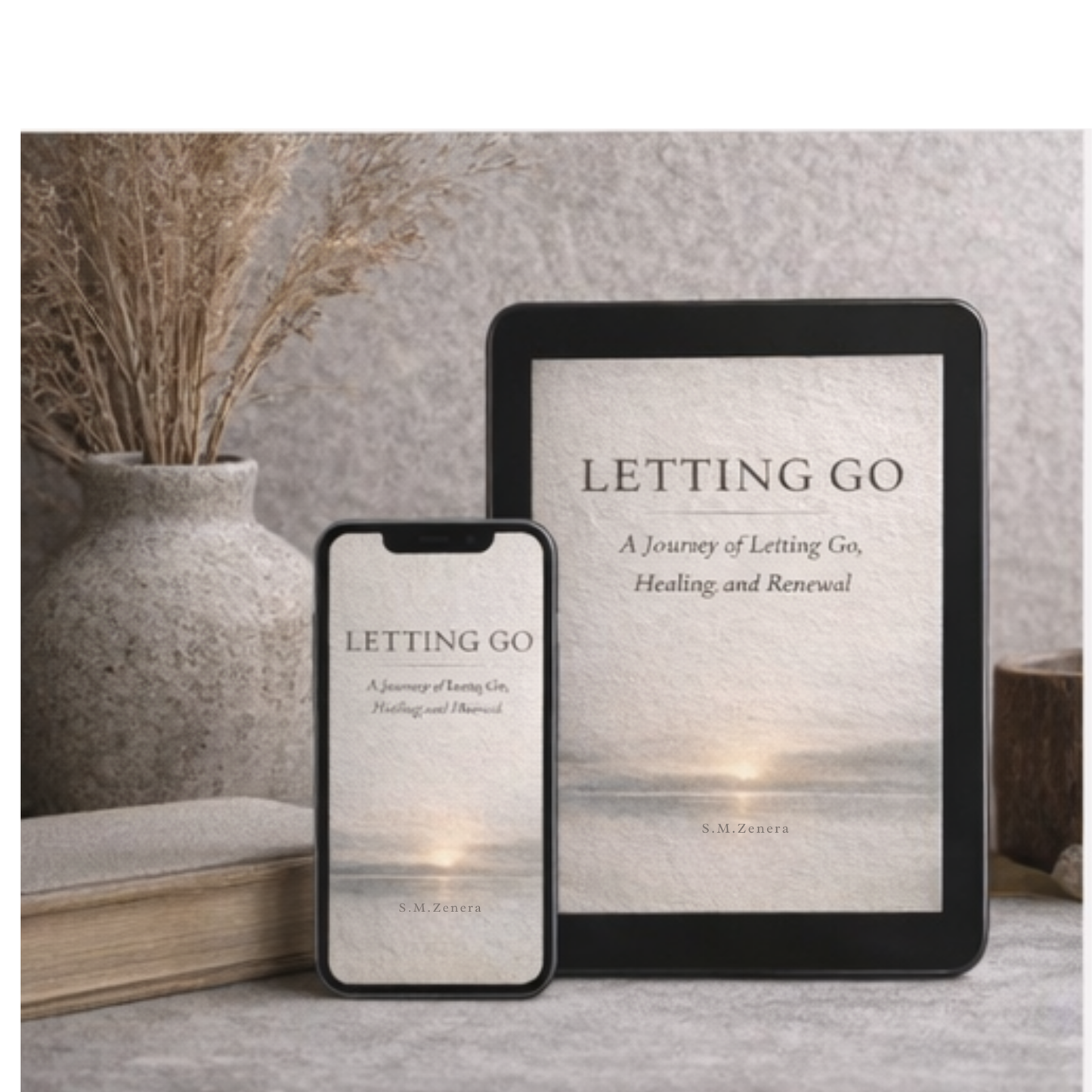 Tablet and smartphone displaying 'Letting Go' book cover with a vase and books in the background.