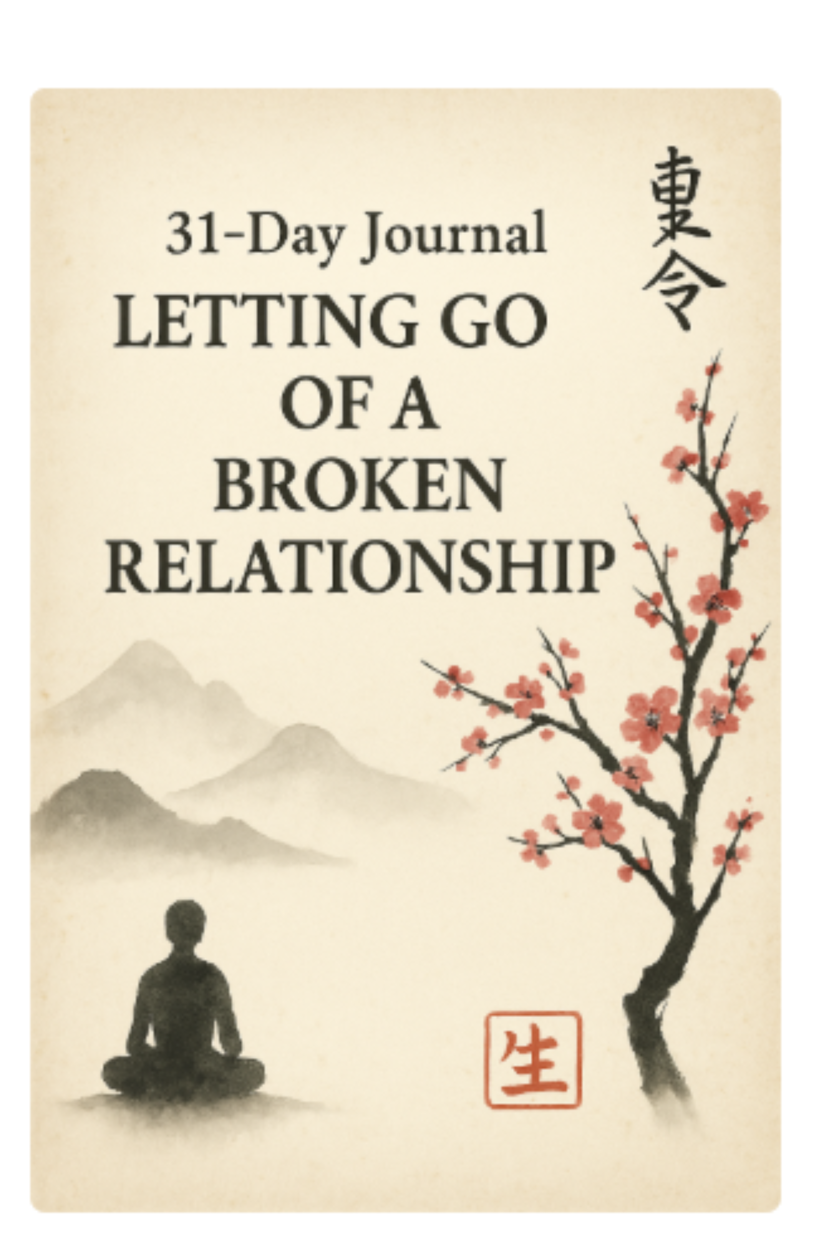 Journal cover with a silhouette of a person meditating, a tree with flowers, and mountains on a beige background.